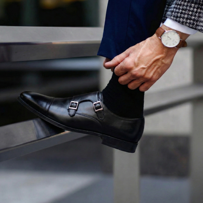 Dusk N Dazzling Black Double Strap Monk Shoes For Men - Stylish Footwear for Every Occasion