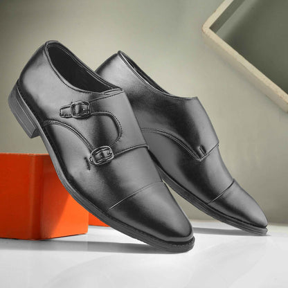 Dusk N Dazzling Black Double Strap Monk Shoes For Men - Stylish Footwear for Every Occasion