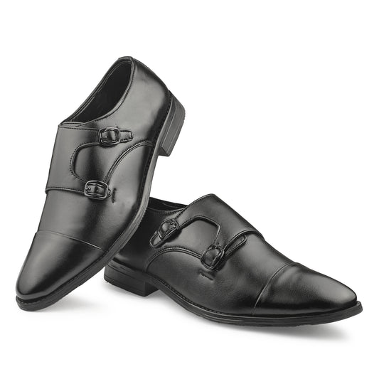 Dusk N Dazzling Black Double Strap Monk Shoes  For Men