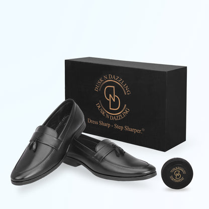 Dusk N Dazzling Black Tassel Loafers For Men