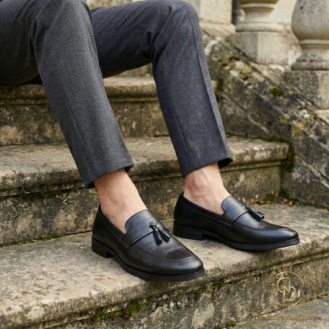 Dusk N Dazzling Black Tassel Loafers For Men